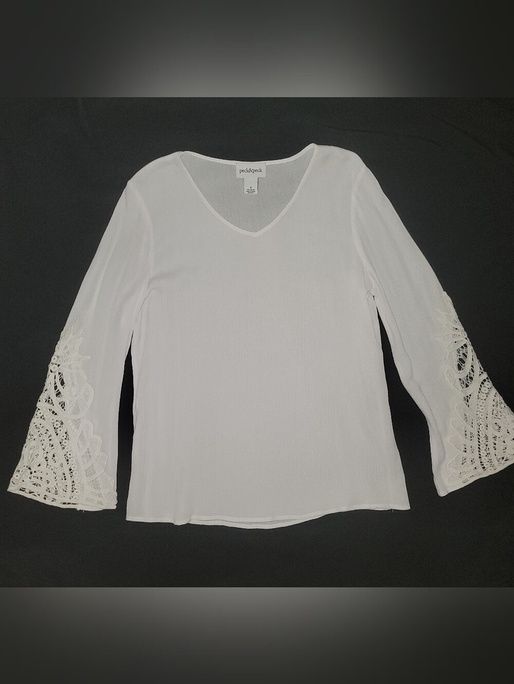 Peck & Peck Rayon Plisse White V‑Neck Crochet Lace Bell Sleeve Blouse